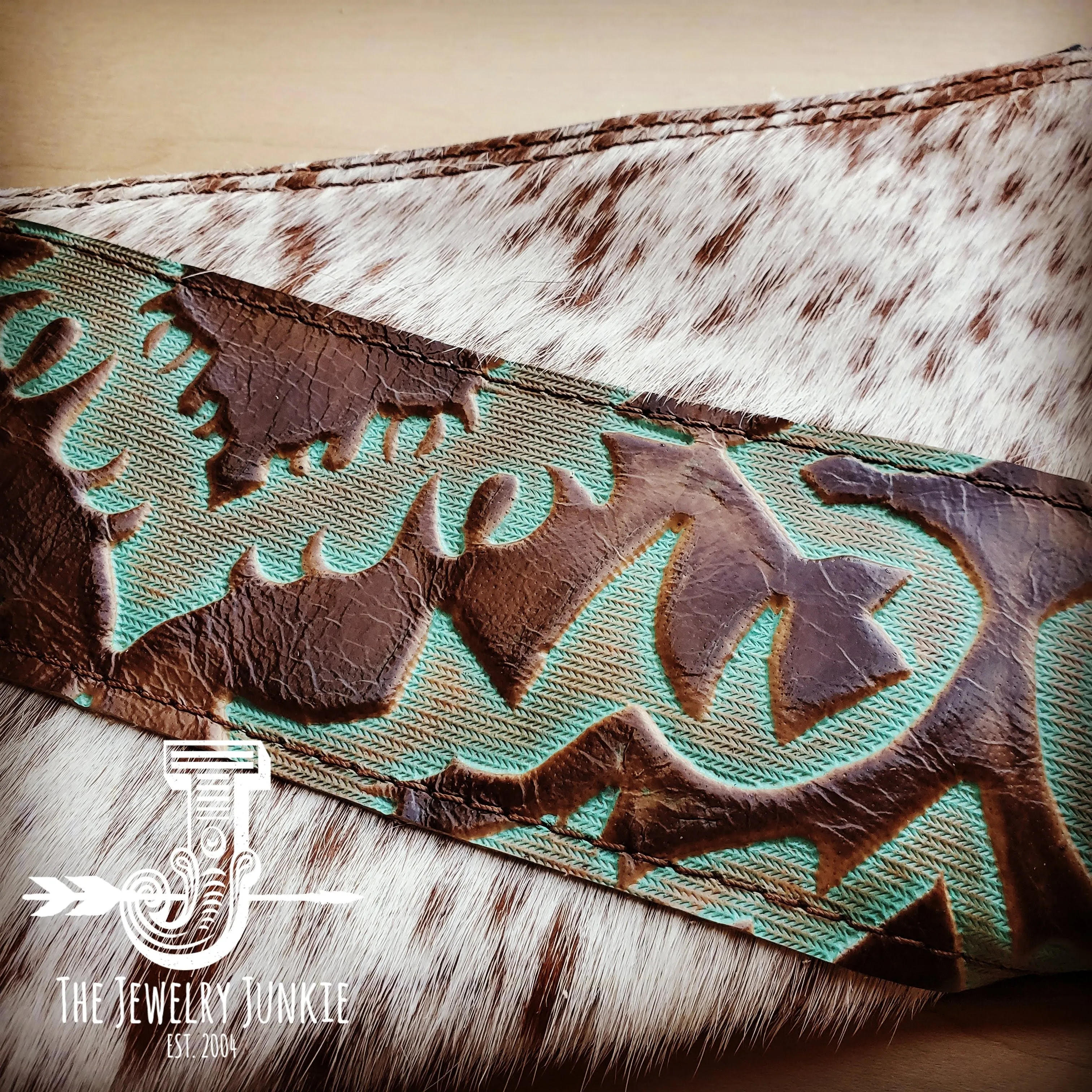 **Hair on Hide Handbag w/ Leather Fringe Turquoise Laredo Accent 504x