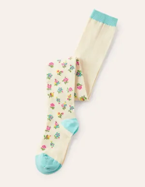 Patterned Tights-Ivory Patchwork Floral