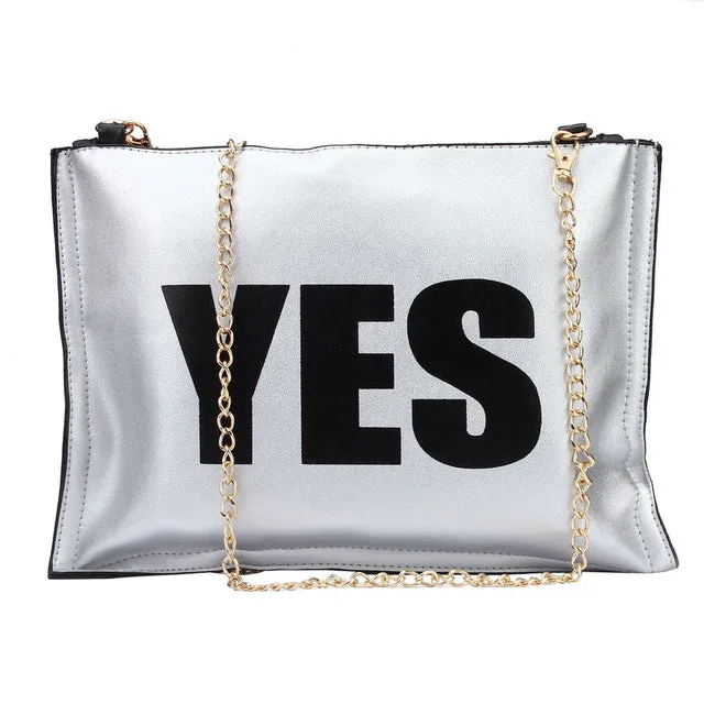 Women Leather Messenger Bag YES or NO Printing Envolope Clutch Bag Chain Shoulder Bag Zipper Handbag Malas De Mulher #9911