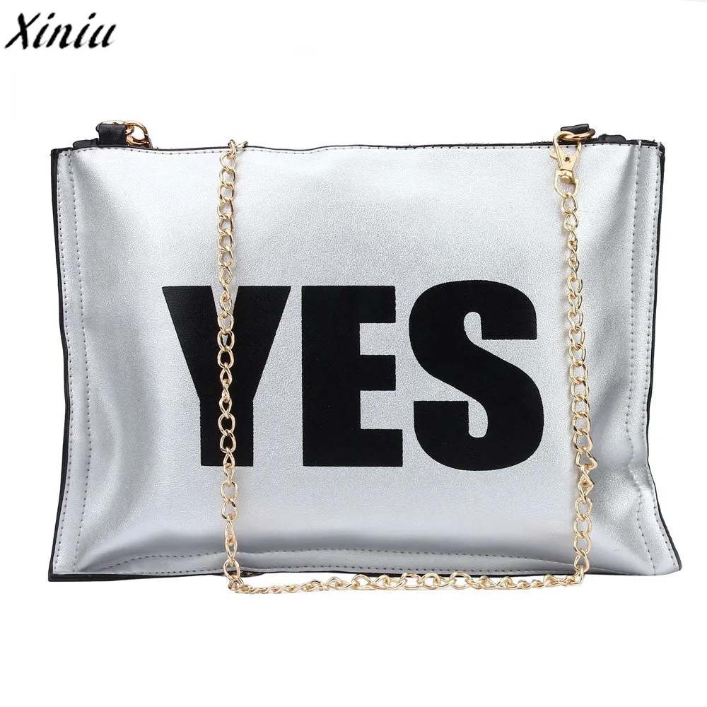 Women Leather Messenger Bag YES or NO Printing Envolope Clutch Bag Chain Shoulder Bag Zipper Handbag Malas De Mulher #9911